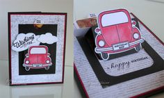 two different pictures of a card with a red car on the front and back side