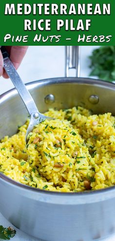 a person is spooning rice into a pan with parsley on the side and text overlay reads mediterranean rice pilaf