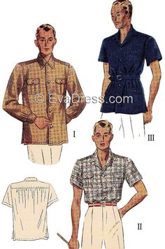 "This is a multi-size pattern for the men's 1937 shirt in Size Set A fitting 38\" to 42\" chest or Size Set B fitting 42\" to 46\" chest. As Simplicity Pattern Company cited in the original pattern text: 'Here is the ideal shirt for sportswear. It is buttoned at the front and gathered to yoke at back. Two or three patch pockets with buttoned flaps are shown. Sleeves are long or short. Worn with a belt, it makes a good-looking jacket.' 3/4\" seams are given for all under arm seams, 1/2\" seams ar Mens Shirt Pattern, Shirts Pattern, Tailoring Details, Motif Vintage, Simplicity Patterns, Dress Sewing Patterns, Men's Shirts, Size Pattern, Shirt Pattern