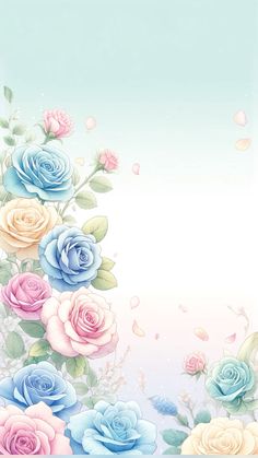 an image of colorful roses on a blue background with pink, yellow and white flowers