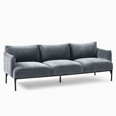 a gray couch with black legs on a white background