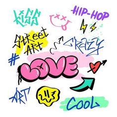 some graffiti writing on a white background with different colors and shapes in the letters above it