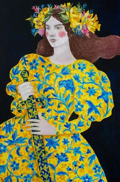 a painting of a woman with flowers in her hair and holding a guitar, wearing a yellow dress