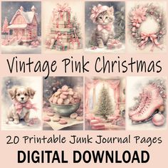 vintage pink christmas images are featured in this digital collage