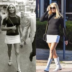 two women walking down the street, one in short skirt and black top with white socks