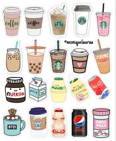 coffee stickers with different types of drinks and beverages on them, all in various shapes and sizes