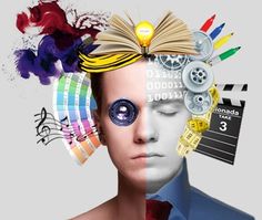 a person with an open book on top of their head, surrounded by colorful images