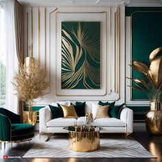 an elegant living room with gold accents and emerald green walls, white sofas and chairs