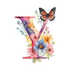 the letter y is decorated with flowers and butterflies