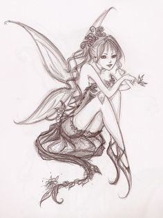 a drawing of a fairy sitting on the ground