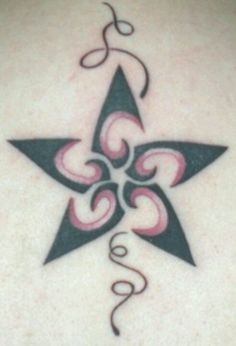 a tattoo design on the back of a woman's upper body, with swirls and stars