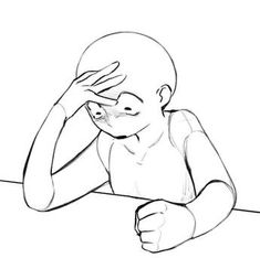 a black and white drawing of a baby sitting at a table with his head in his hands