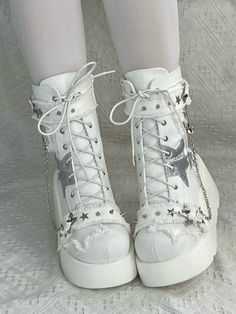 ❤star mode mark boots❤︎ Edgy White High Ankle Boots, Edgy White Platform Boots With Round Toe, White High-top Leather Mid-calf Boots, White Leather High-top Mid-calf Boots, Edgy White Winter Boots, White High-top Platform Boots, White Platform High-top Boots, Edgy White Lace-up Boots, White Edgy Ankle-high Boots