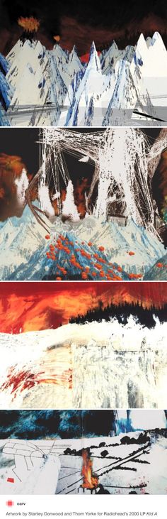 an image of three different paintings with mountains in the background and one is red, white, and blue