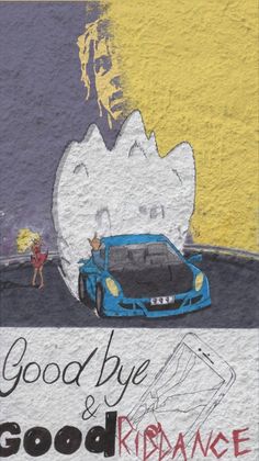 an advertisement on the side of a building for good bye and ridancee, with a cartoon cat driving a blue car