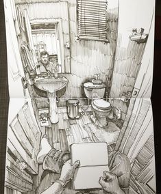 a drawing of two people sitting at a table in front of a window with the caption