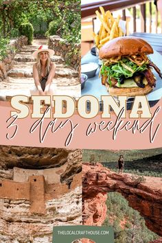 This pictures is about Sedona Arizona. It shows the devils bridge, a burger, a girl at a winery, and a cliff dwelling! Sedona Birthday Trip, One Day In Sedona Arizona, Sedona Places To Stay, Sedona 3 Day Itinerary, Best Places To Eat In Sedona Az, Best Sedona Restaurants, Day Trip To Sedona Arizona, Sedona Food