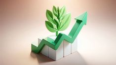 a green plant sitting on top of a white block with an upward arrow pointing up