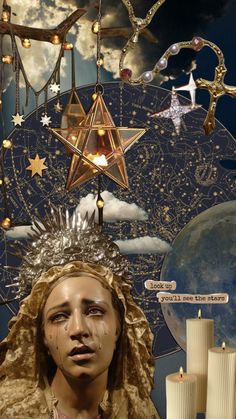 a woman with a star on her head next to candles and stars in the sky