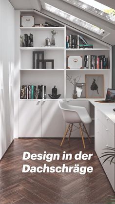 the interior of a home office with bookshelves and desk in front of it