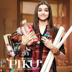 the poster for piku's upcoming movie is shown in front of a woman