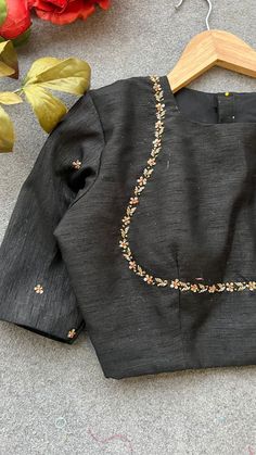 Black silk jeweled hand work blouse ( only blouse ) – Threads Minimal Blouse Embroidery, Black Silk Blouse Embroidery Designs, Simple And Stylish Blouse Designs, Emb Blouse Designs, Not Work Blouse Design, Black Blouse Back Designs, Navy Blue Saree Blouse Combination, Silk Saree Blouse Work, Silk Blouse Work Designs