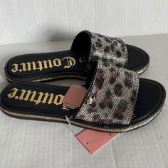 New Juicy Couture Yippy Animal Print Sandals Slides Sz 7 Leopard Print Synthetic Sandals For Beach, Purple Flip Flops, Animal Print Sandals, Cheetah Print Heels, Dream Shoe, Pretty Sandals, T Strap Flats, White Wedges