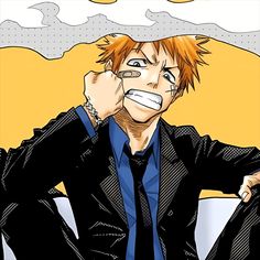 an anime character with orange hair and blue shirt sitting in front of a yellow background