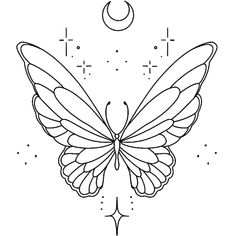 a butterfly that is flying in the sky with stars and moon behind it, as well as