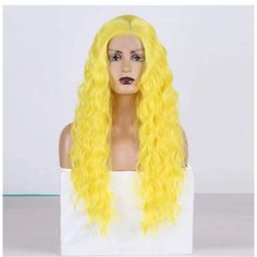 Lemon Yellow Lace Front Wigs Long Loose Curly Wigs For Women With Natural Hairline Middle Part Synthetic Pre Plucked Daily Wear Halloween Cosplay Wig 24 Inches 100% Heat Resistant Fiber Hair, Soft Wigs. Base Material: Swiss Lace. Color : Same With The Picture (Kind Reminder:Slightly Color Different Between Different Monitors). Texture : Same With The Picture. Density : 150% Density Wigs. Cap : Medium Cap Circumference 22-22.5 Inch With Adjustable Straps And 3 Combs . Curly Hair Frontal, Yellow Wig, Hair Frontal, Deep Wave Wig, Curly Lace Front Wigs, Synthetic Lace Wigs, Wave Wig, Colored Wigs, Yellow Hair