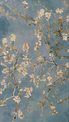 an abstract painting of white flowers on blue water with yellow and green stems in the foreground