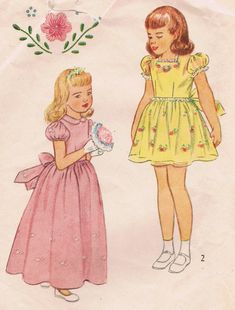 "1950s Simplicity Pattern #2555 in size 3. Little dress with fitted bodice, Peter Pan collar, puff sleeves and square neckline. Can be maxi or short with back buttons, back belted bow and a perfect flower girl dress. The instruction sheet is missing from this pattern. Size 3 Bust: 22\" Waist: 20.5\" Hips: 23\" Back Length: 19\" Maxi Dress Back: 32\" Pattern is in excellent cut condition with no issues. Transfer is still present to  iron on embroidery pattern flowers. Sale supports Vermont's Pupp Embroidery Pattern Flowers, Vintage Girls Dress Pattern, 60s Girl, Elizabeth Afton, Girl Dress Pattern, Vintage Girls Dresses, Iron On Embroidery, Girls Easter Dresses, Kawaii Stuff