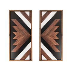 two wooden frames with black, white and brown designs on the front one is made out of wood