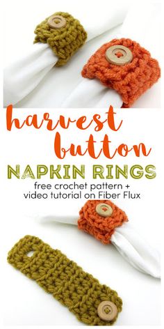 three crocheted hair clips with buttons on them and text that reads harvest button nappin rings