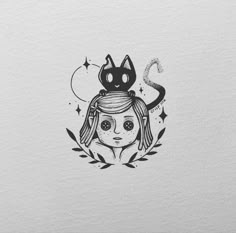 a drawing of a girl with a cat on her head and stars in the background