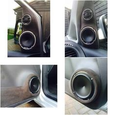 four different views of the inside of a car's subwoofer box