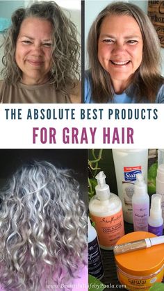 Looking for the best products for your gray hair? Check out my post for my top recommendations for gray hair products you will love for healthy beautiful gray hair! | shampoo for gray hair natural | moisturizer for gray hair | anti-frizz for gray hair | how to add volume to gray hair | gray hair highlights | gray hair roots cover up Gray Hair Products, Products For Gray Hair, Gray Hair Natural, Gray Hair Shampoo, Healthy Gray Hair, Long Silver Hair, Grey Hair Care, Grey Hair Over 50, Shampoo For Gray Hair