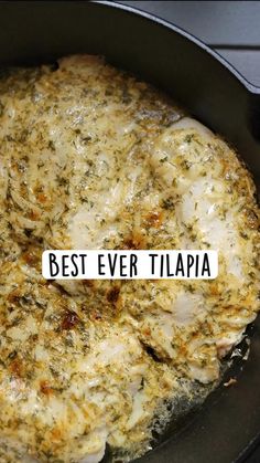 the words best ever tilapia are placed on top of an uncooked pizza