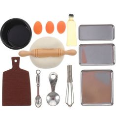 an assortment of cooking tools and utensils on a white background