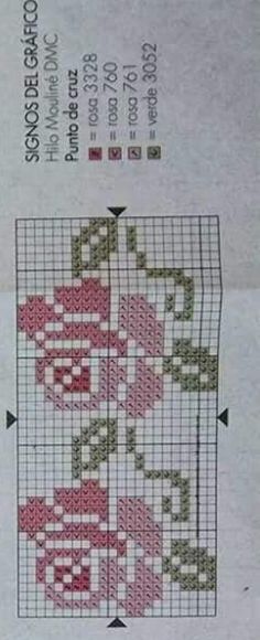 the cross stitch pattern is shown in red, green and pink colors on white paper