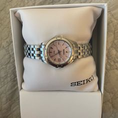 Stainless Steel And Light Pink. Brand New Never Worn. Needs New Battery Small Silver Watches Women, Classic Pink Watch As Gift, Classic Pink Watches As Gift, Seiko Women Watch, Seiko Watches Women, Seiko Coutura, Seiko Gold, Amazon Orders, Silver Watches Women