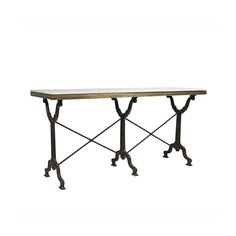 an iron and marble console table on castors, with two legs in the middle