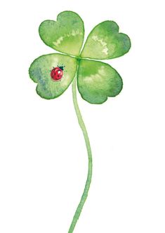 a watercolor drawing of a four leaf clover with a ladybug on it