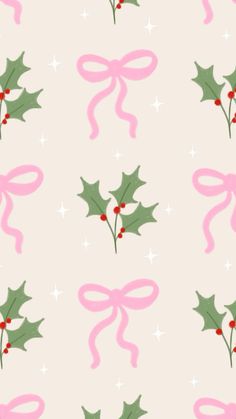 a pink and green christmas pattern with holly berries, bows and ribbons on a white background