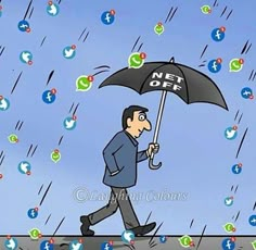 a cartoon man walking in the rain with an umbrella that says net off on it