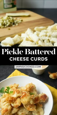 pickle battered cheese curls on a white plate next to a cutting board and yellow napkin