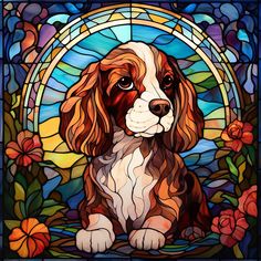 a brown and white dog sitting in front of a stained glass window with roses on it