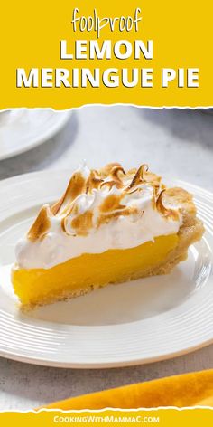 a slice of lemon meringue pie on a white plate with the title text overlay