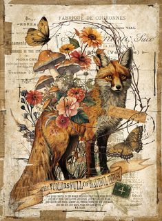 a painting of a fox with flowers and butterflies on it's back, in front of an old paper background