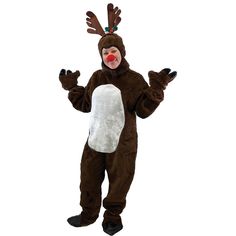 a person in a reindeer costume is standing with his arms out and hands out to the side